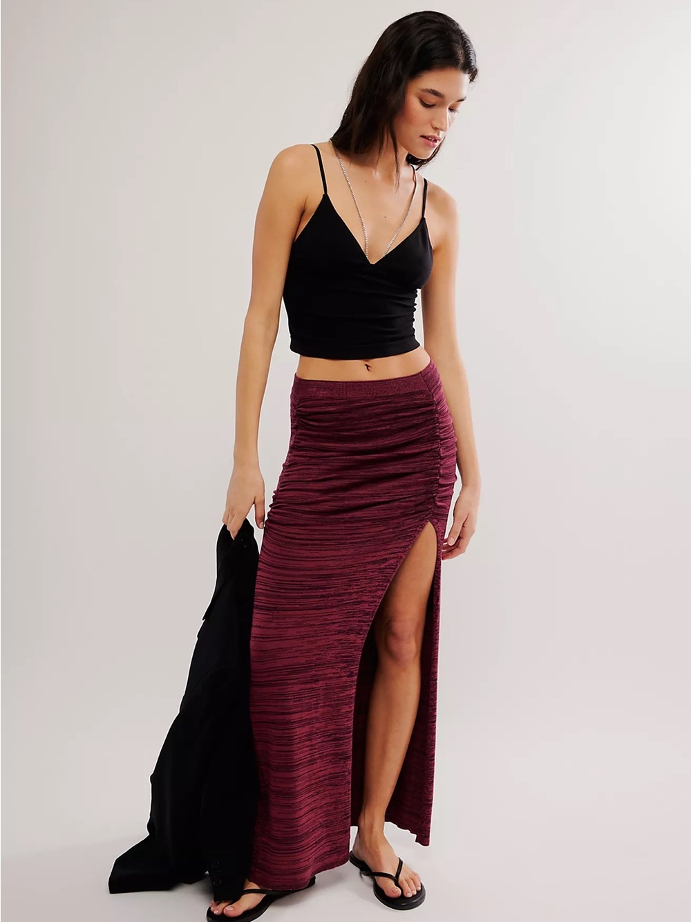 Free People Black Ruched Side Slit Maxi Skirt Stretch Size L NWOT - Picture 3 of 12